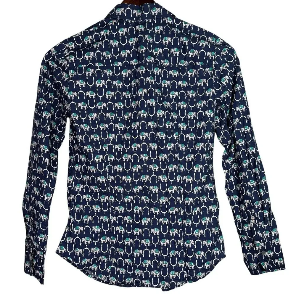 J. Crew Long Sleeve Perfect Fit Novelty Print Elephants Shirt 00 Navy Blue White